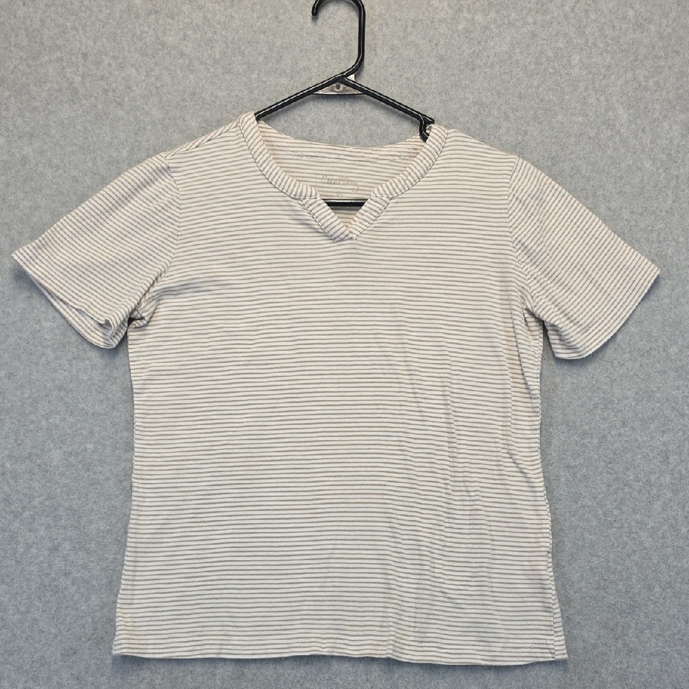 Coral Bay Petite Striped Short Sleeve Knit Top Neutral Beige White PS